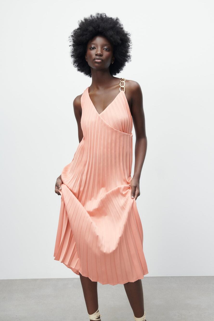 NEW ZARA Pleated Dress with Chain Strap Peach Midi Gold Faux Wrap Surplice XS